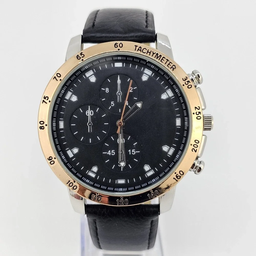 48MM Men's Analog Watch Black Dial Black Faux Leather Bands New‎ Battery